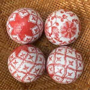 4 Red & White Decorative Chinoiserie Orbs Carpet Balls Cottagecore